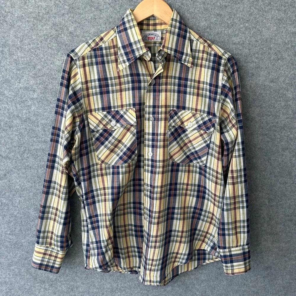 Vintage Levi's Shirt Mens Medium Long Sleeve Yellow Plaid 70s 80s Pockets Preppy
